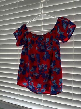 Primark Red Off-Shoulder Top with Blue Floral Print